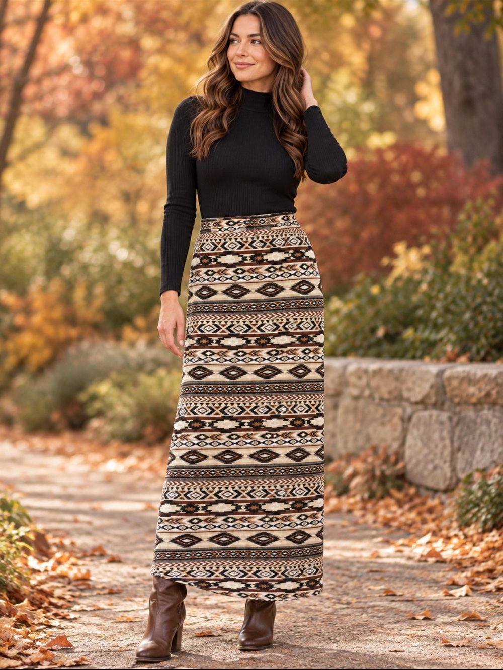 Bobbie Brooks L Southwestern Geometric Boho Stretch Maxi Skirt Brown